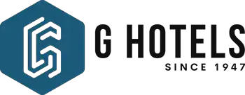 Logo stilizzato di GR Hotel con simbolo esagonale blu e testo nero.