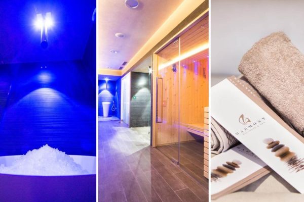 Immagine di un centro benessere con sala di ghiaccio, corridoio illuminato e asciugamani arrotolati.